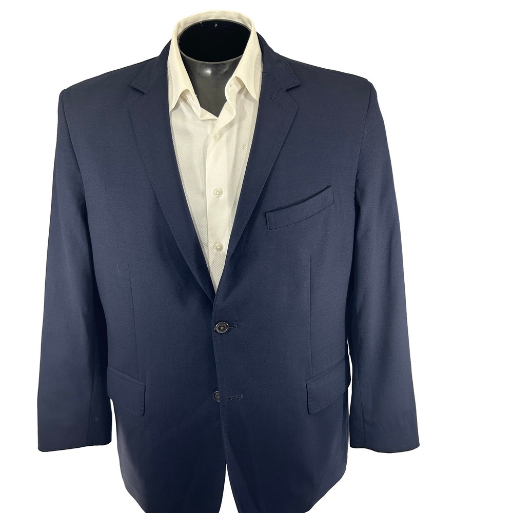 Lands End Suit Mens 46R 37x29 Solid Navy Blue Wool Blend Two Piece Double Vent